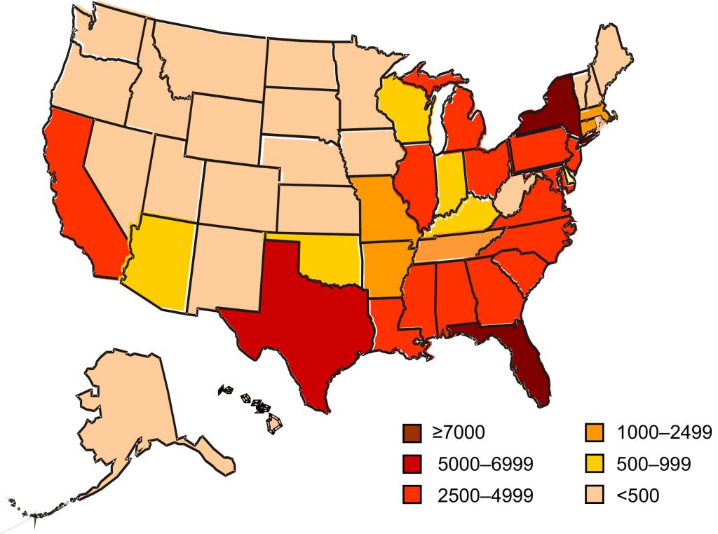 Map of Prevalence of Sickle Cell Disease in the United States (Estimated Figures)