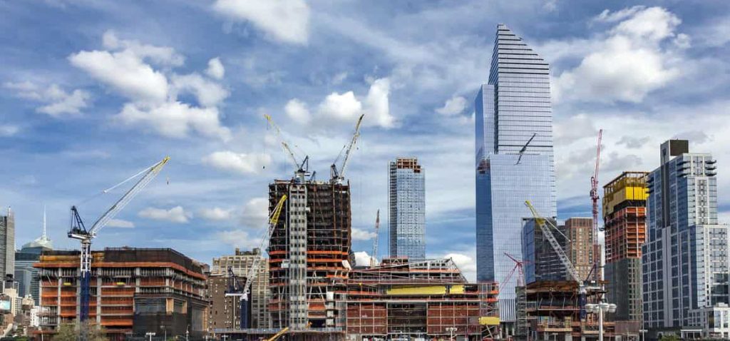 View of the big construction development at the Hudson Yards in Manhattan. This project is located on the West Side of the city and will feature residential, new offices and retail spaces.